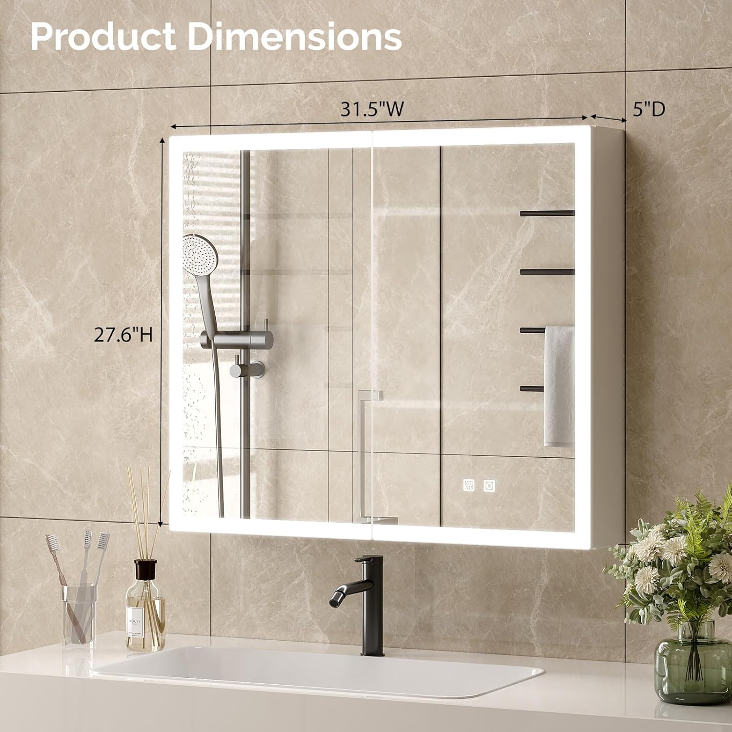 Diagram showing product dimensions: 5.9 inches deep, 31.5 inches wide, 27.6 inches high
