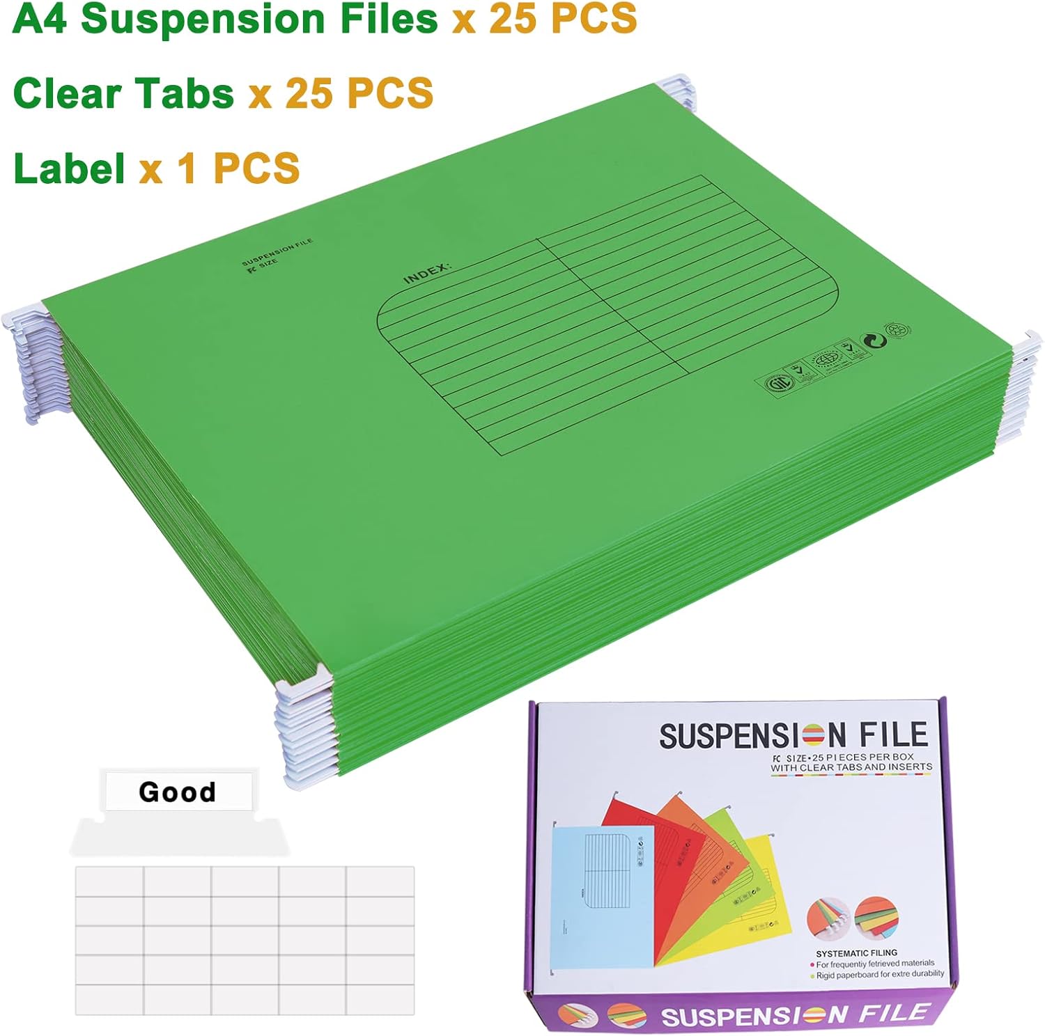 Hanging File Folder, A4 Suspension Files Holder, Hang Folder, Filing Cabinet Suspension File with Tab and Label for School Home Office, Green, 25 Pack