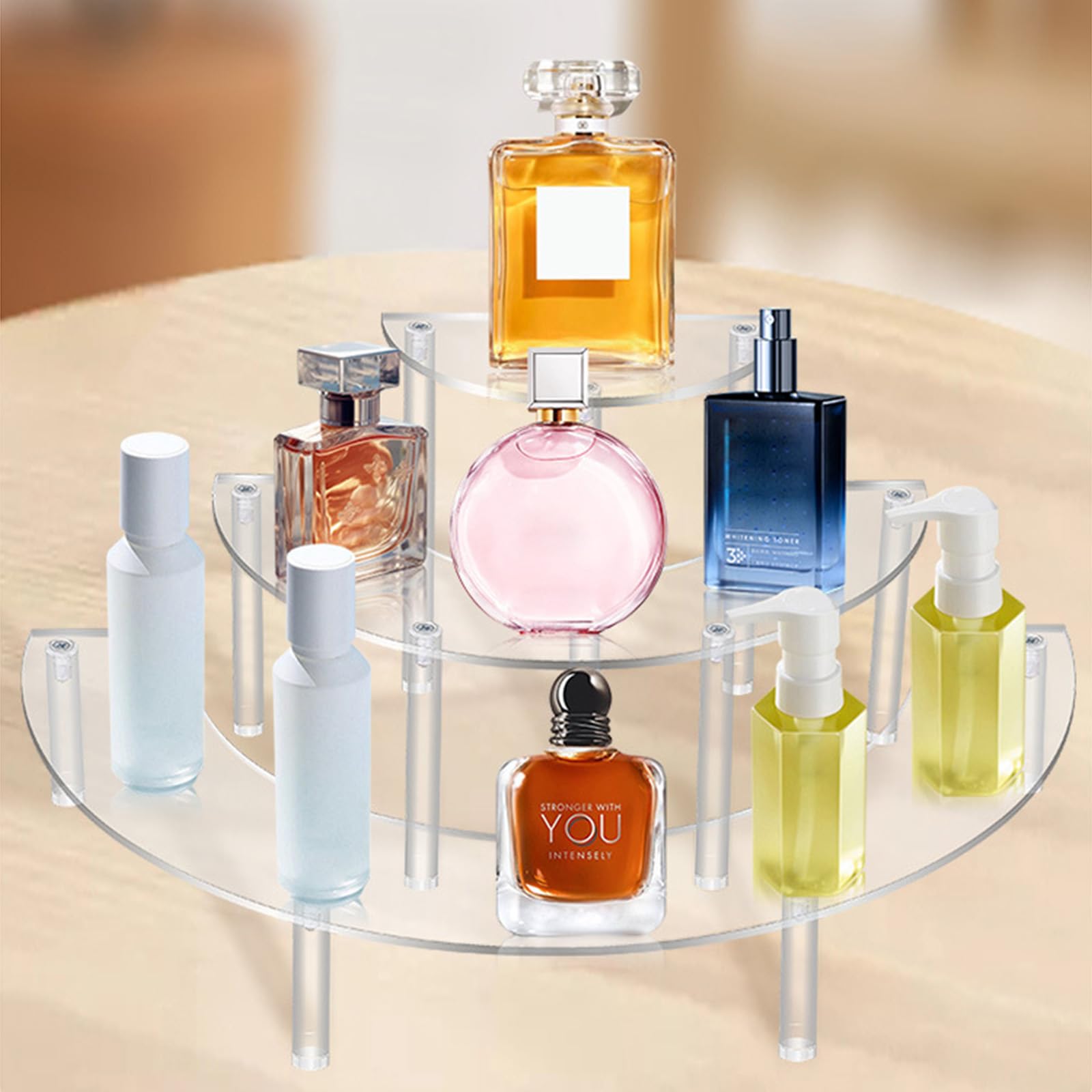 Présentoir à 3 étages en acrylique transparent pour figurines, cupcakes, desserts, parfums, vernis à ongles, condiments (3 couches, 30 cm