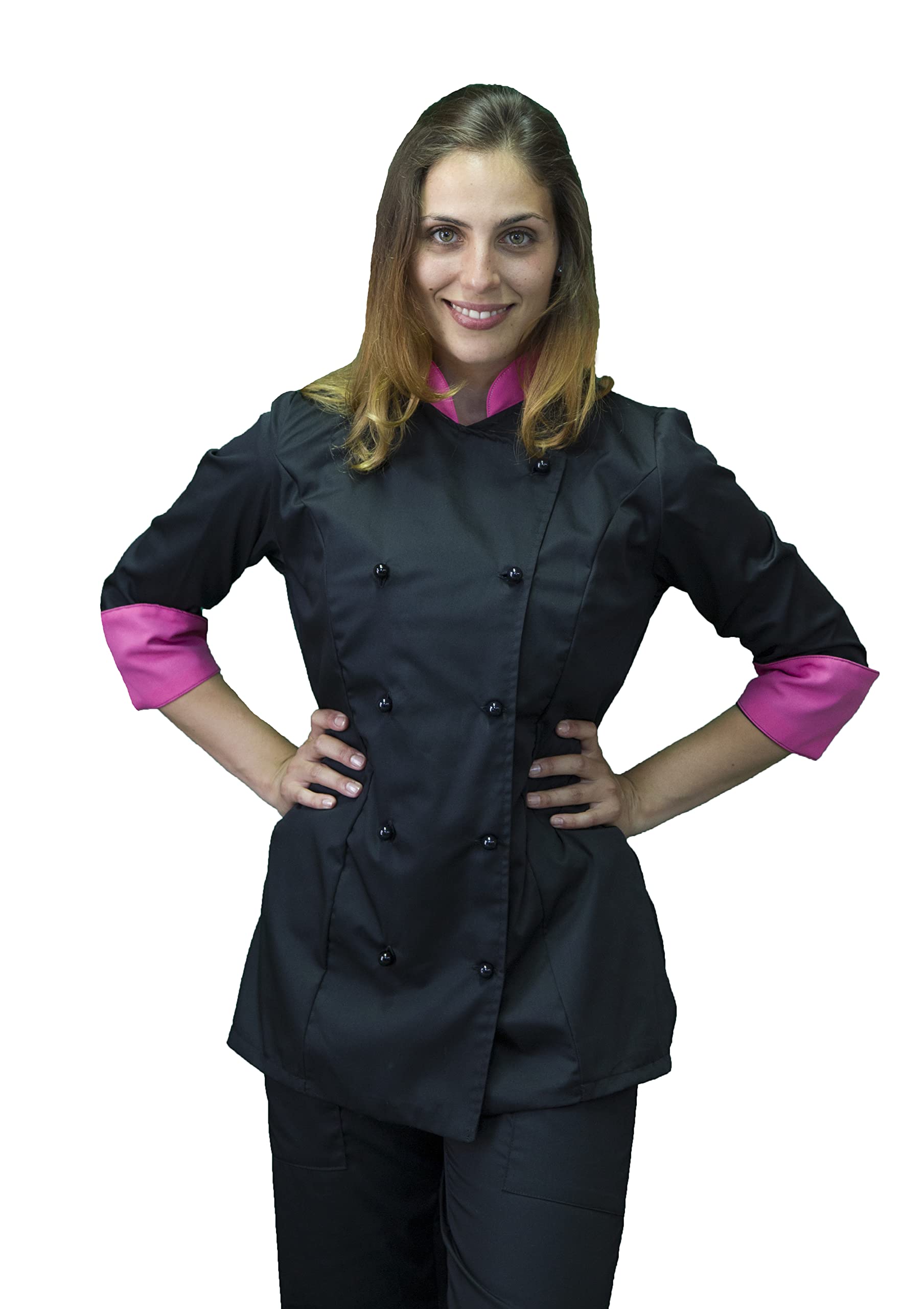 Ricamo Gratuito - Divisa Cuoco Donna - Nera e Fuxia - 3PZ Giacca, Pantalone e Grembiule - Completo per Cucina e Ristorante