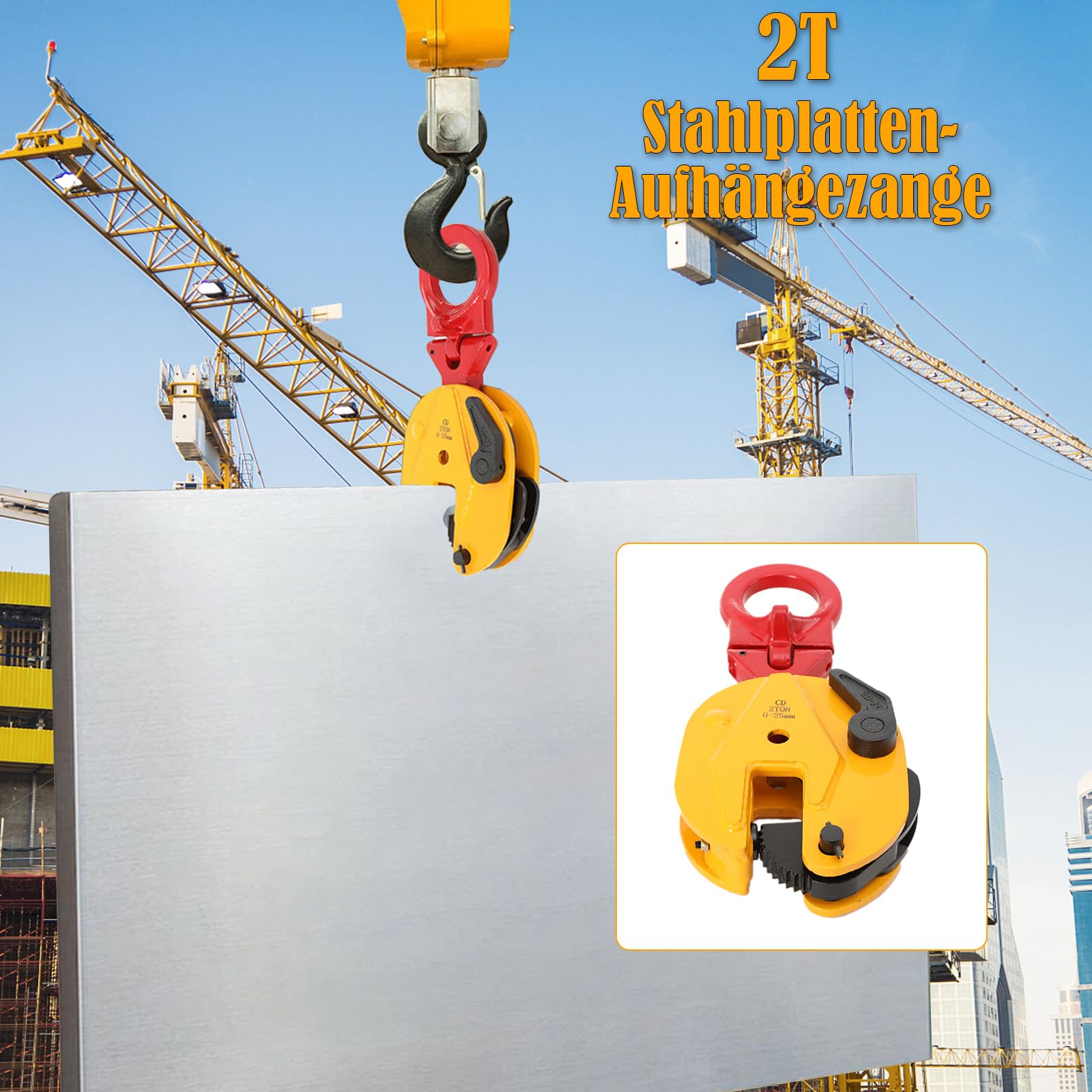 2 Tonnen Vertikale Plattenhebeklemme Blech Hebeklemme Platte Stahlplatten Blechgreifer Vertikalklemme Hebeklemmen zum Anheben und Transportieren, Gelb