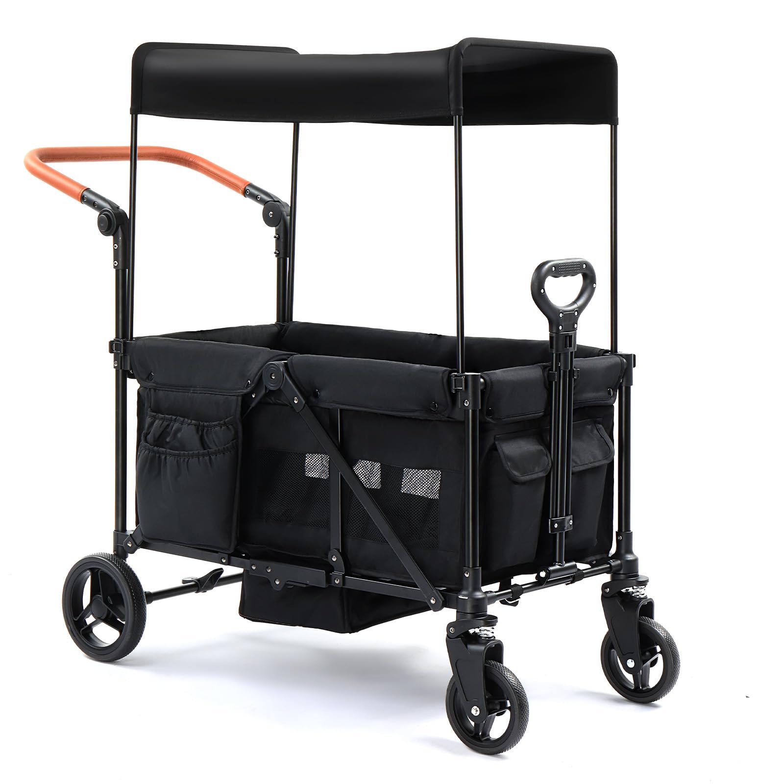 Bonnlo Folding Stroller Wagon for Kids, 2-Seater Handcart Wagon with Removable Canopy, 5-Point Harness and All-Terrain Wheels, Outdoor Camping Cargo Cart, Black