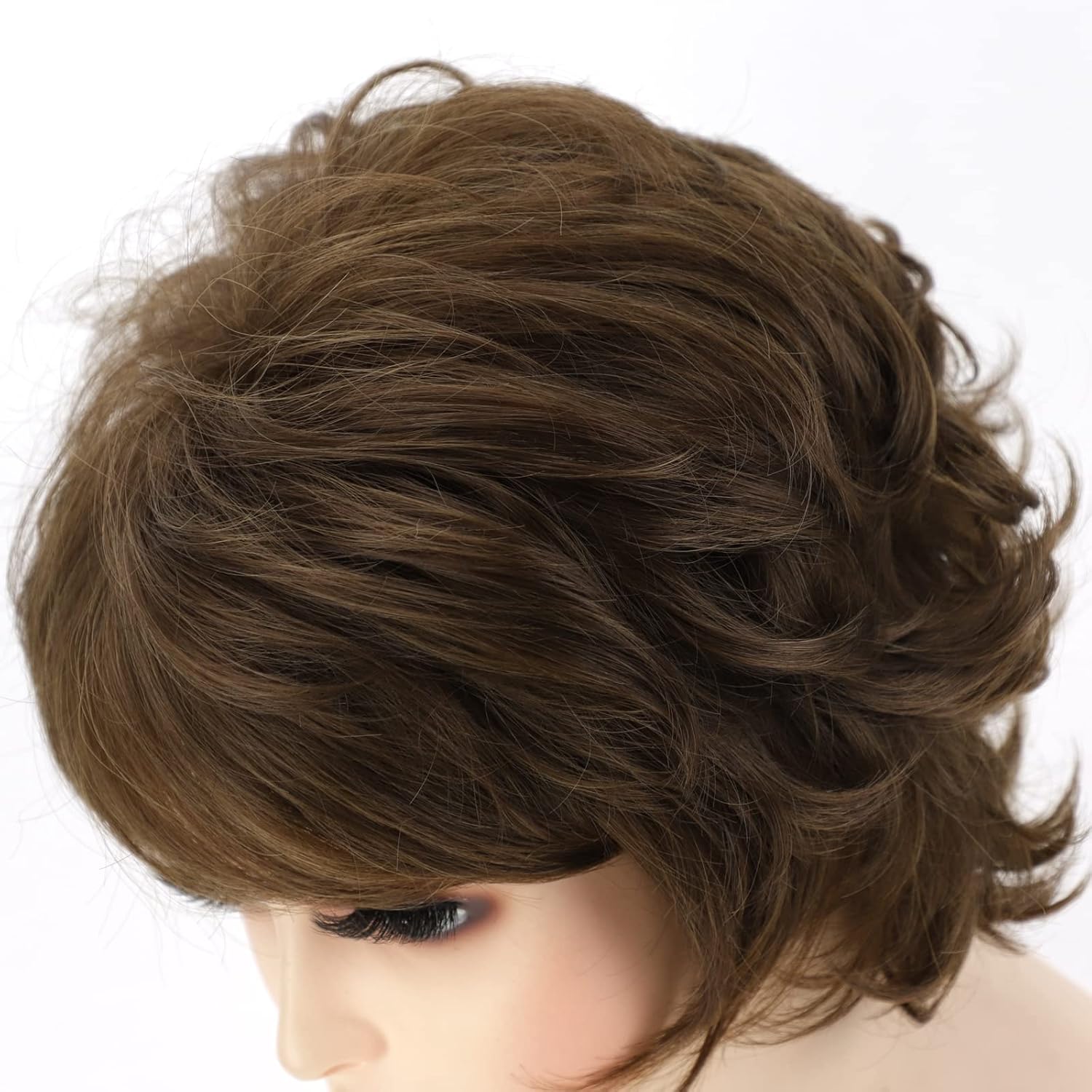 TISHINING Short Curly Brown Pixie Cut Wigs for White Women with Bangs Pixie Laered Mixed Brown Synthetic Shaggy Curly Wigs for Women Natural Looking Daily Party Hair Replacement Wig
