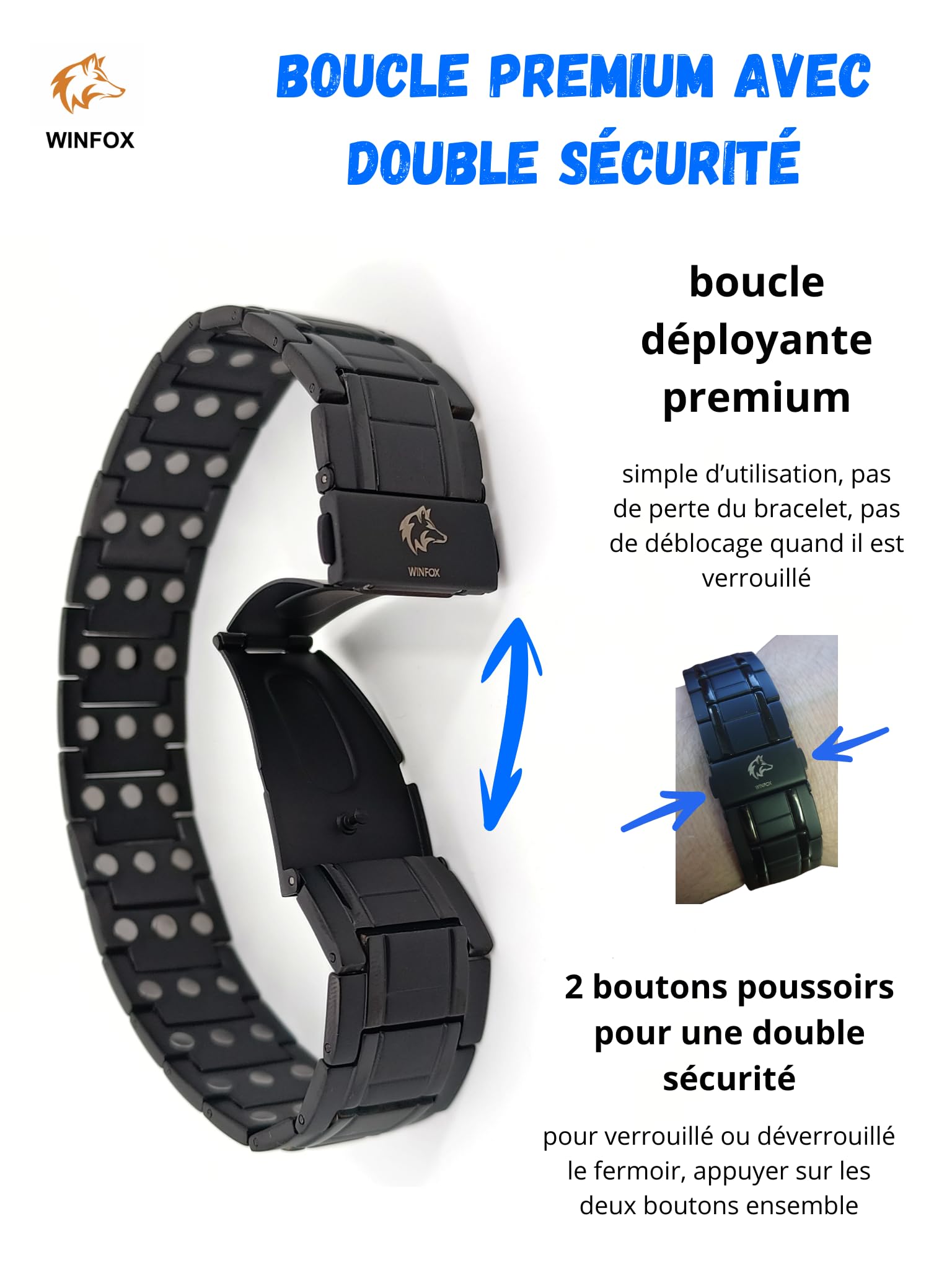 Bracelet Magnetique Homme PREMIUM, Titane, Le Plus Puissant du marché, Bijou Aimanté Inoxydable, Ultra Résistant, 60 Aimants en Néodyme de Terre Rare, Outil de Dimensionnement, WINFOX777