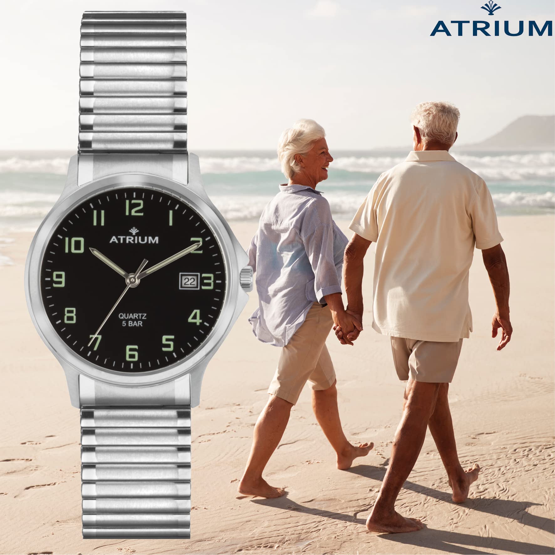 Atrium Herren Armbanduhr Edelstahl Analog Quarz mit Datum Anzeige und Edelstahl Zugband Flexband Silberfarben A12-51