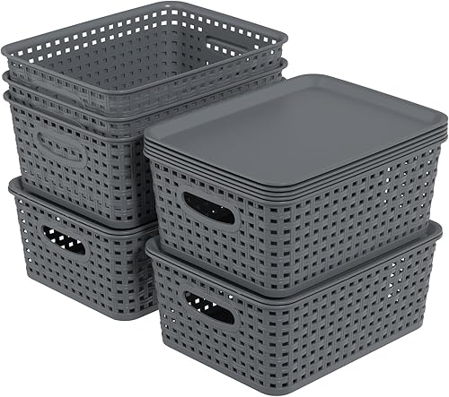 Paquete de 6 cestas pequeñas de plástico, cesta de almacenamiento tejida con tapa, apilable, color gris