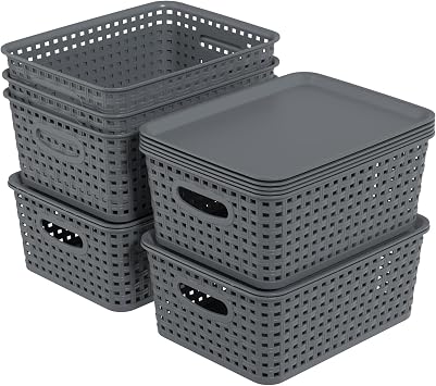 6-pack Plastic Small Baskets, Woven Storage Basket with Lid, Stackable, Grey