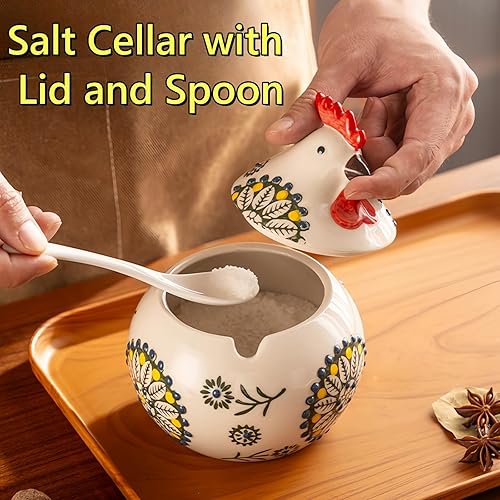 Miniatura 3 de Bodega de sal de cerámica con tapa y cuchara, tarro grande de sal de pollo de 13 onzas, soporte para sal para encimera, café, azúcar, especias y