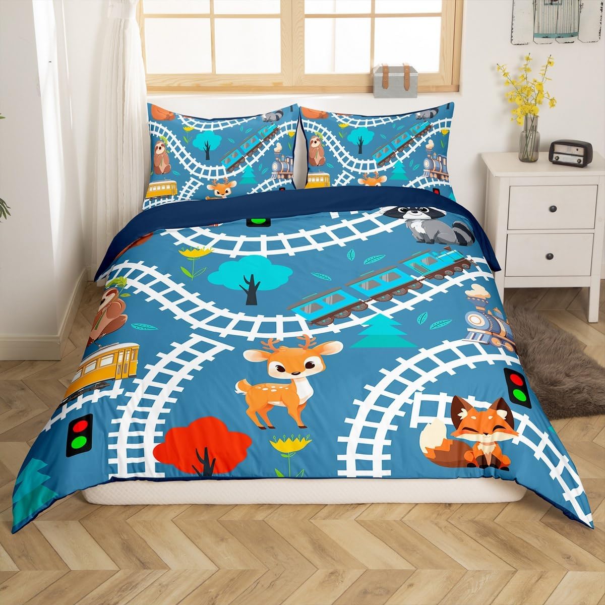 Erosebridal Cartoon Car Kids Duvet Cover Toddler Cute Animal Fox Raccoon Bedding Sets Cartoon Train Print Comforter Cover Lovely Sika Deer Sloth Bedspread Cover Equipment Truck Tractor Bedding