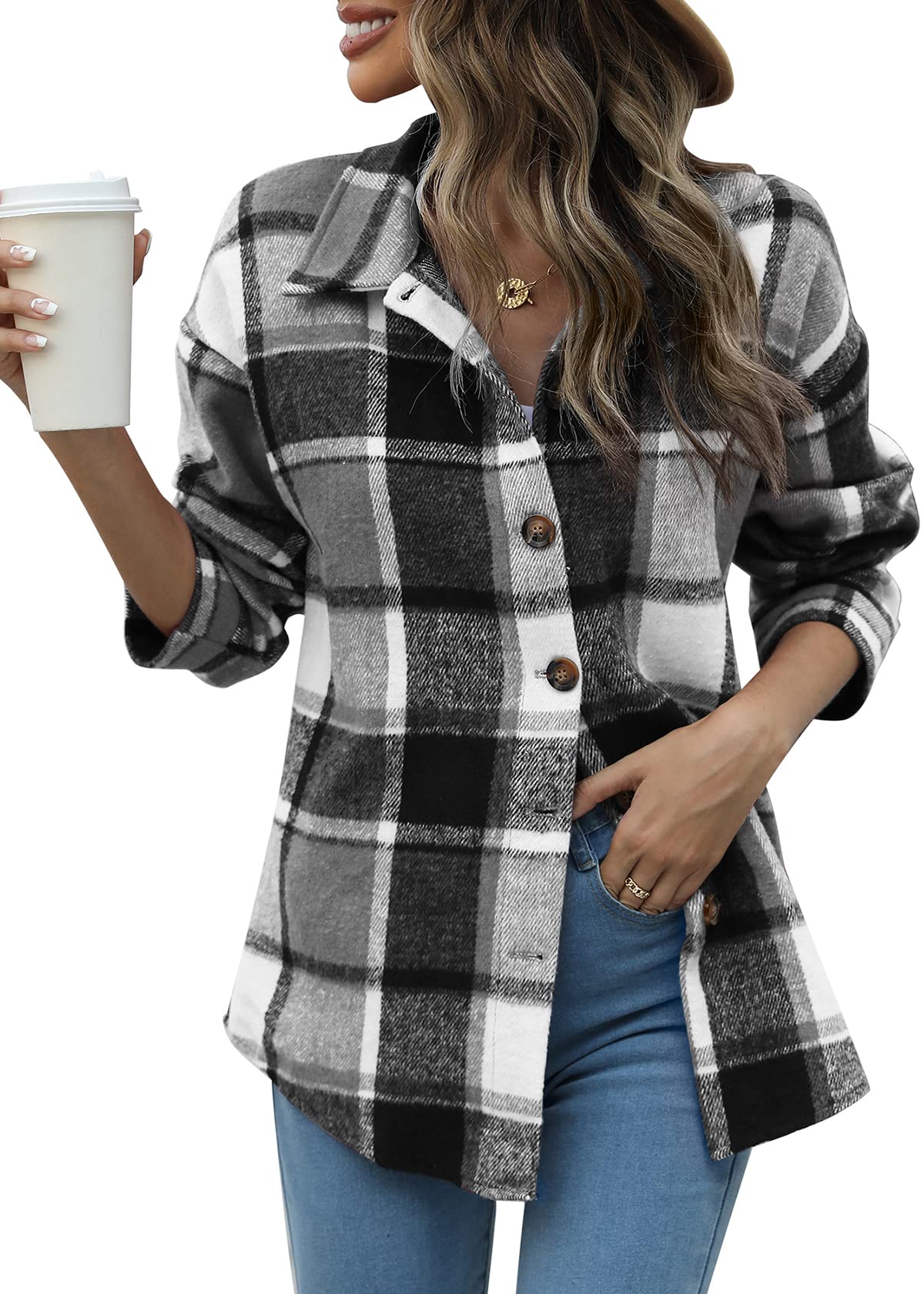 Beaully Women's Flannel Plaid Shacket Fall Winter Outfits Long Sleeve Button Down Shirts Jacket Coats with Side Pockets