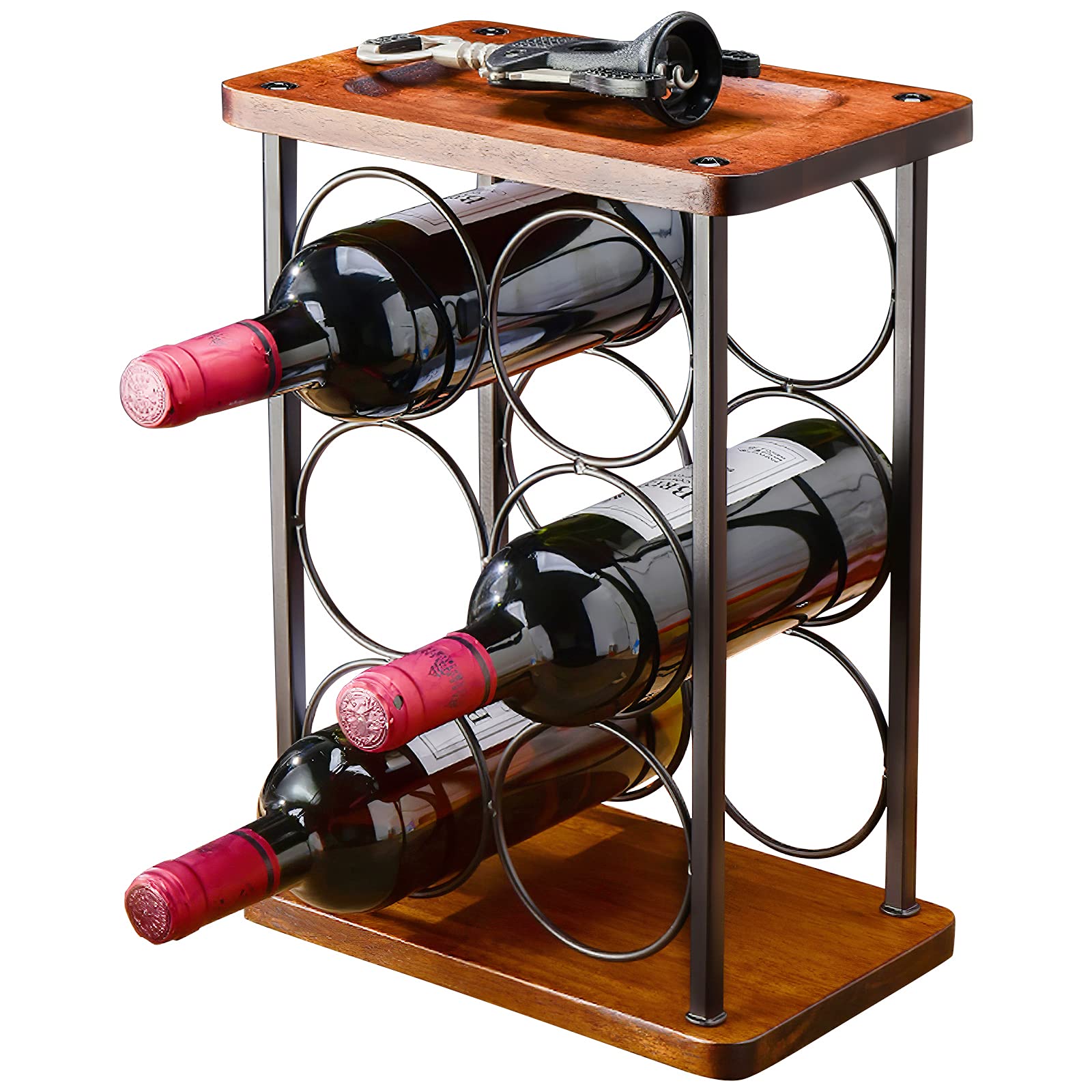 FUNME Countertop Wine Rack 6 Bottle, Tabletop Wine Holders, Wood Wine Bottle Holder with Tray for Home Kitchen, Bar, Wine Cellar, etc, Wood & Metal