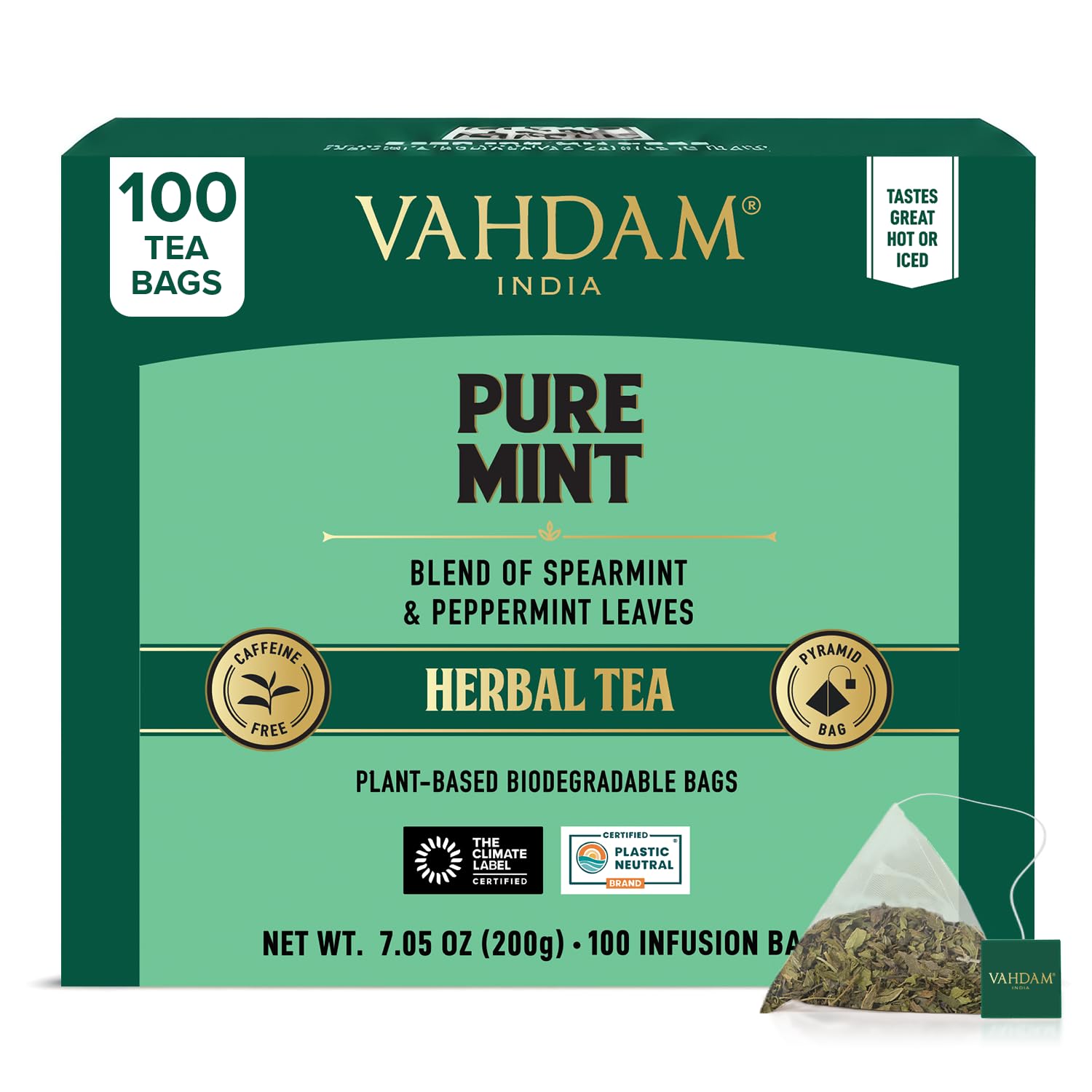 VAHDAM, Pure Mint Herbal Tea (100 Pyramid Tea Bags) Caffeine Free, Non GMO, Gluten Free | Blend of Spearmint & Peppermint - Sweet & Minty | Resealable Ziplock Pouch Pure Mint Herbal Tea 100 Count (Pack of 1)