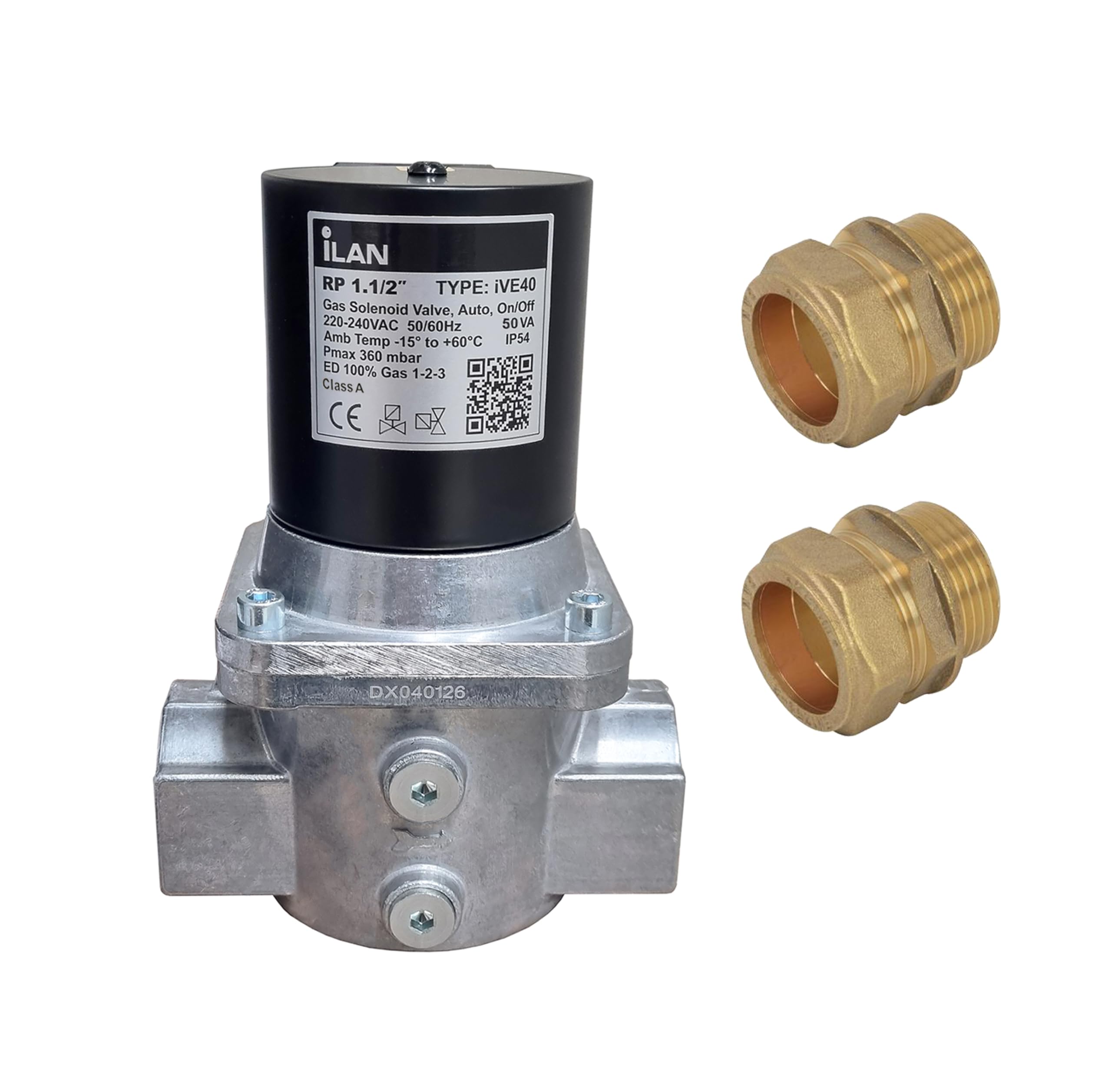  - Gas Solenoid Valve 1.1/2" With 2X Fitting Adaptors (42mm)