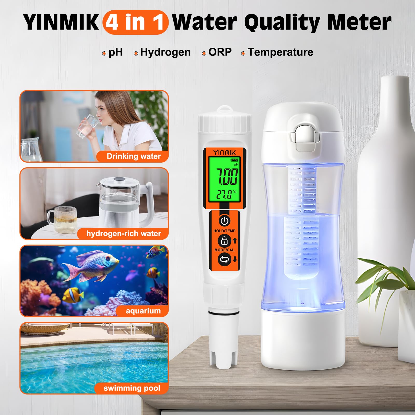 Wasserstoff Wassertester, YINMIK Wasserstoff Wasserflasche, Digitales 4 in 1 pH ORP Messgerät und Wasserstoff Wasser ppb/ppm Messgerät, Professionell Verwendet für Wasserstoffreiche Wasserbecher