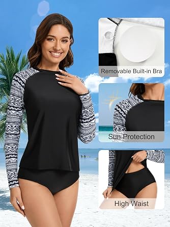 Two Piece Rash Guard for Women Sun Protection UPF 50+ Long Sleeve Swimsuits Quick Dry Swim Shirts