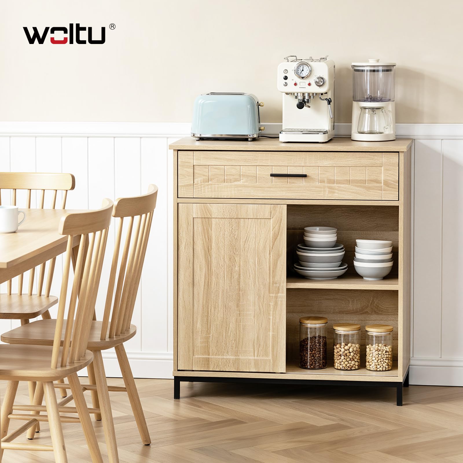 WOLTU Aparador Cocina, Mueble de Cocina para Almacenamiento, con Cajón, Puerta Corredera, para Comedor y Salón, 70x30x80,2 cm, de MDF y Metal, Roble Claro + Negro