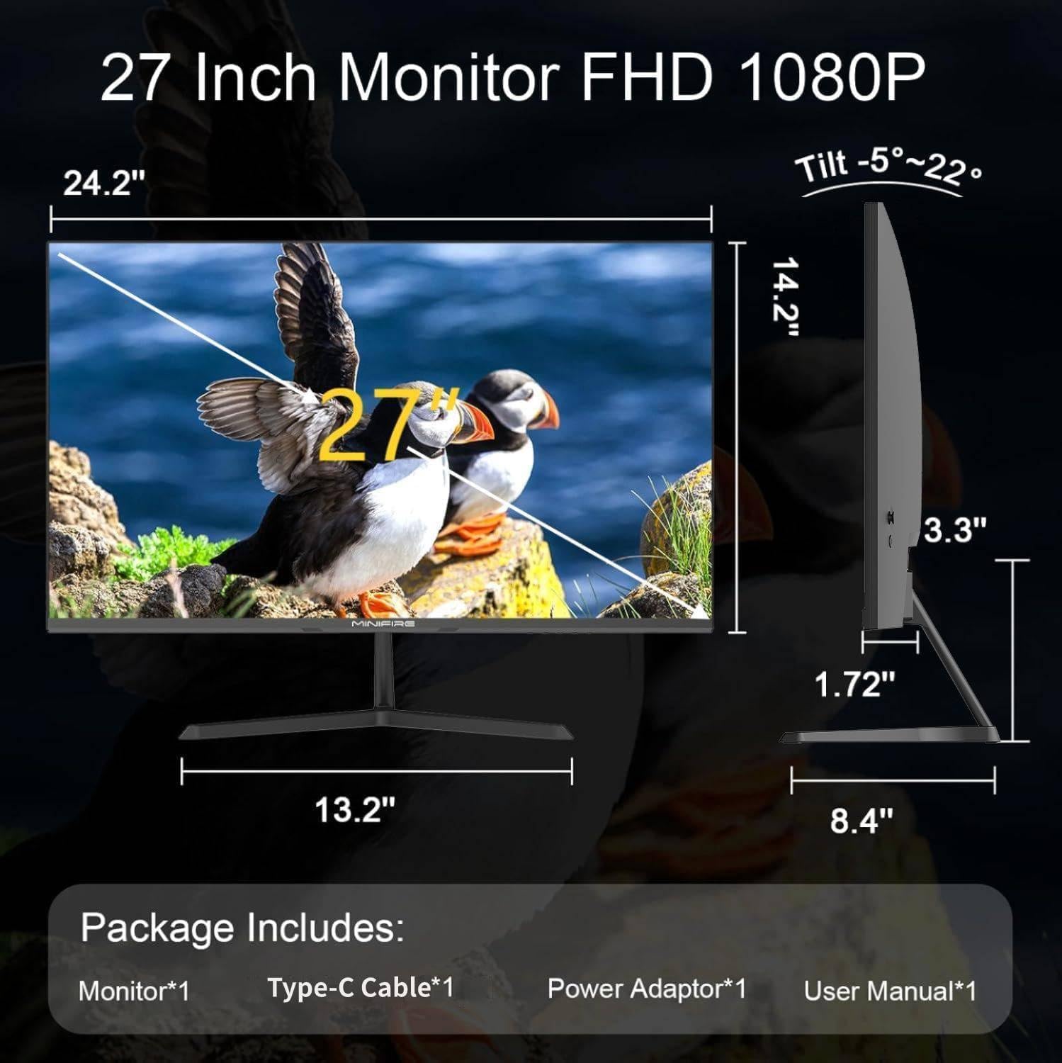 Minifire Écran PC 27 Pouces Moniteur, 120Hz, Full HD (1920x1080), USB-C, HDMI 1.4, sRGB110%, Adaptive-Sync, VESA 100x100mm(Câble de Type C Inclus), Anti-Lumière Bleue(MF27X3AL)