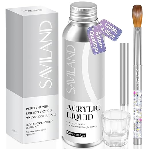 Saviland Professional Acrylic Liquid Set - 4.06fl oz Monomer with Acrylic Nail Brush Dappen Dish for DIY Carving Nail Extension Home Salon Use