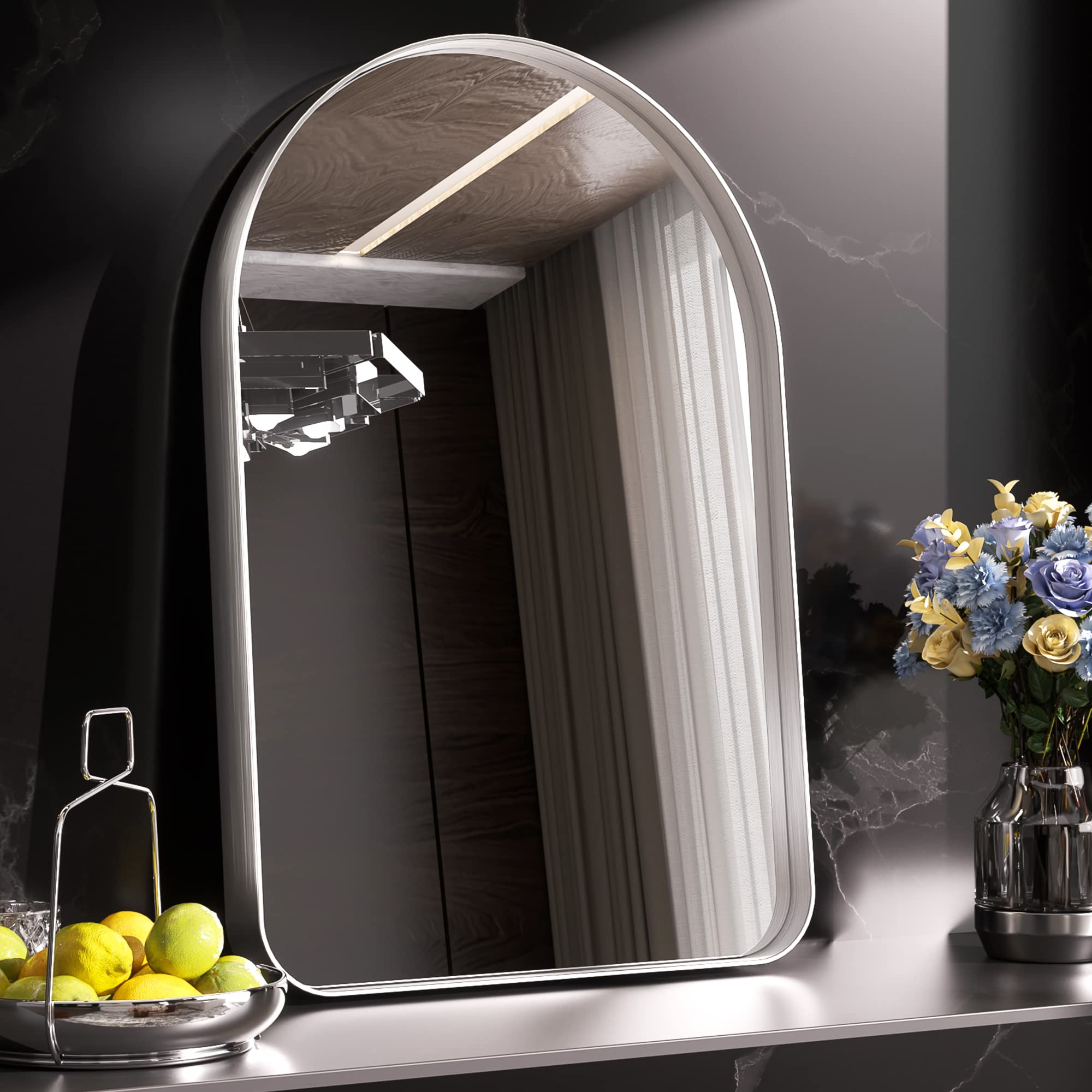 TETOTE Silver Arched Mirror for Vanity, 26x38 Wall Mounted Bathroom