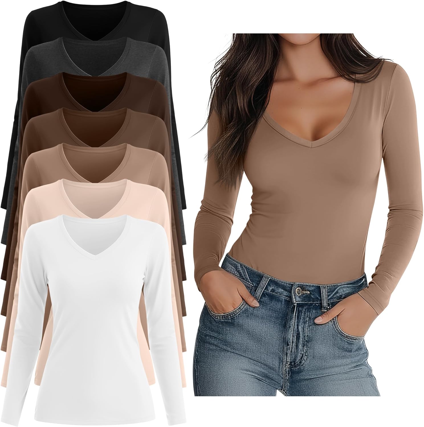 7 Pack Women's V Neck T Shirts Long Sleeve Tee Shirts Slim Casual Multi Pack Fitted Fall Going Out Basic Tops