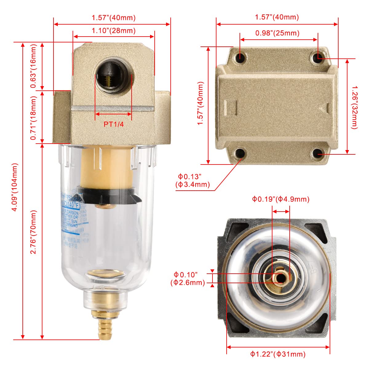 Heschen AF2000-02 PT1/4 Filtre à air compresseur 750 l/min 40 um