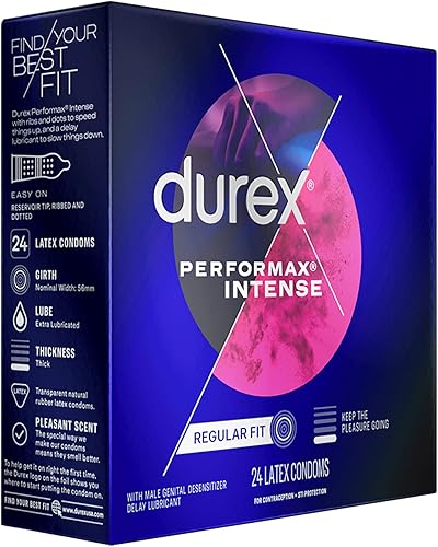 Miniatura 28 de Condones de látex natural intenso de Durex Performax, ultra finos, corrugados, hechos con lubricante para retardar.