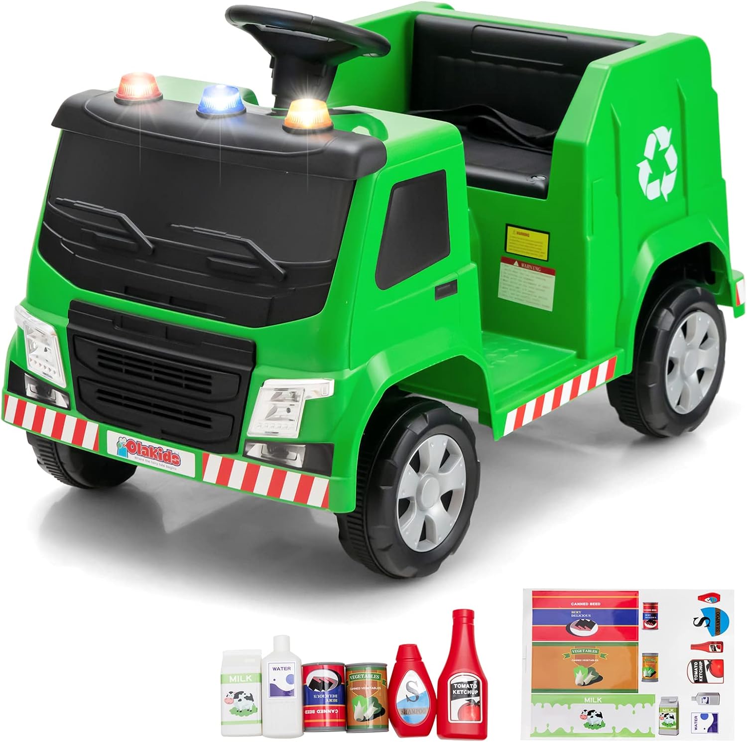OLAKIDS Ride on Car, Recycling Garbage Truck Electric Vehicle with Music, Horn, Warning Lights, Recycling Accessories Included, Toddlers Battery Powered Trash Toy for Boys Girls (Green)