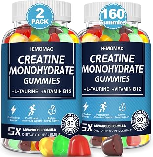 Creatine Monohydrate Gummies 5g for Men & Women, Creatine Gummies for Muscle Strength, Energy Boost, Pre-Workout Supplement, Vegan, Gluten-Free, 160 Count