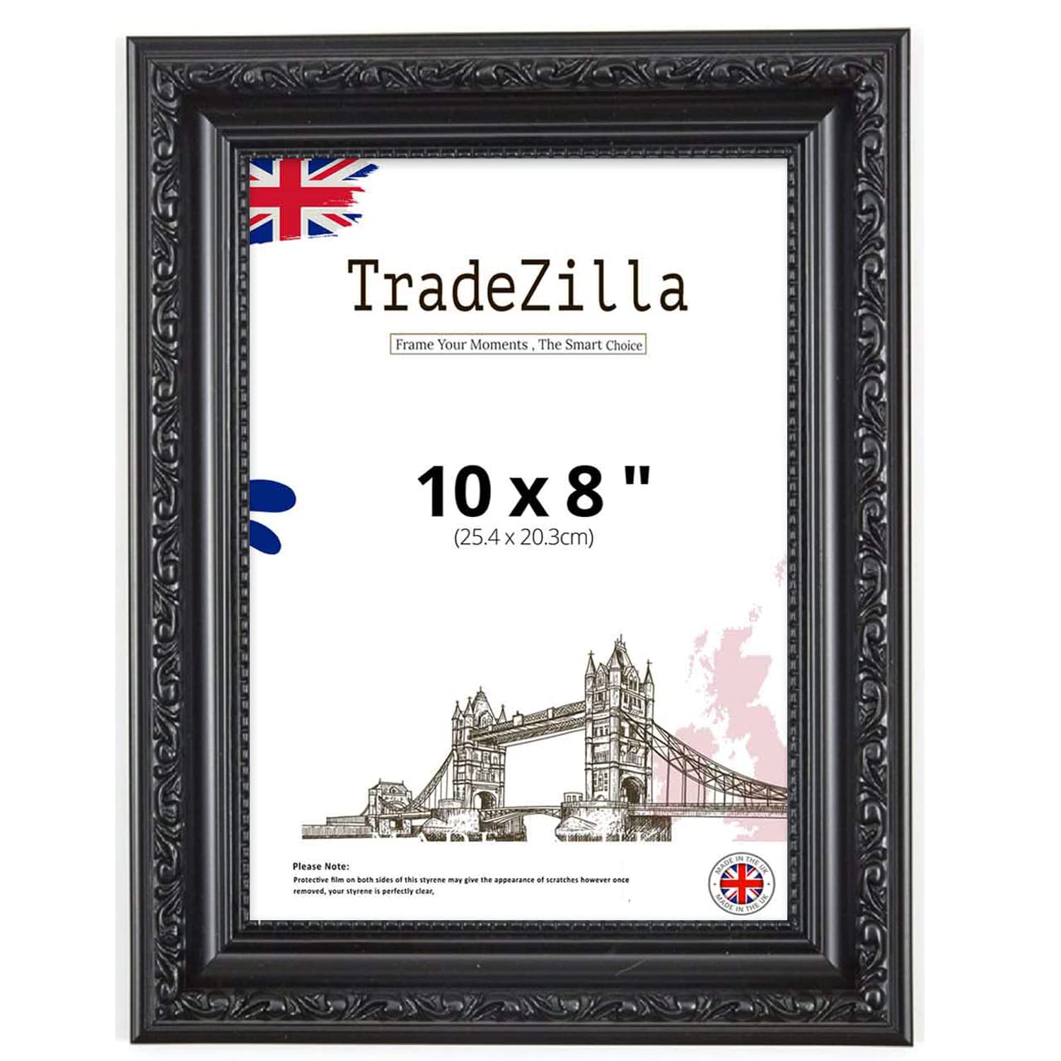 TradeZilla Antique Style Frame 10X8 Size - Ornate Shabby Chic Black Picture/Photo/Poster Vintage Frame with MDF Backing Board Perspex- For Gift Wall Gallery Home Décor -10X8 (25.4X20.3 CM)