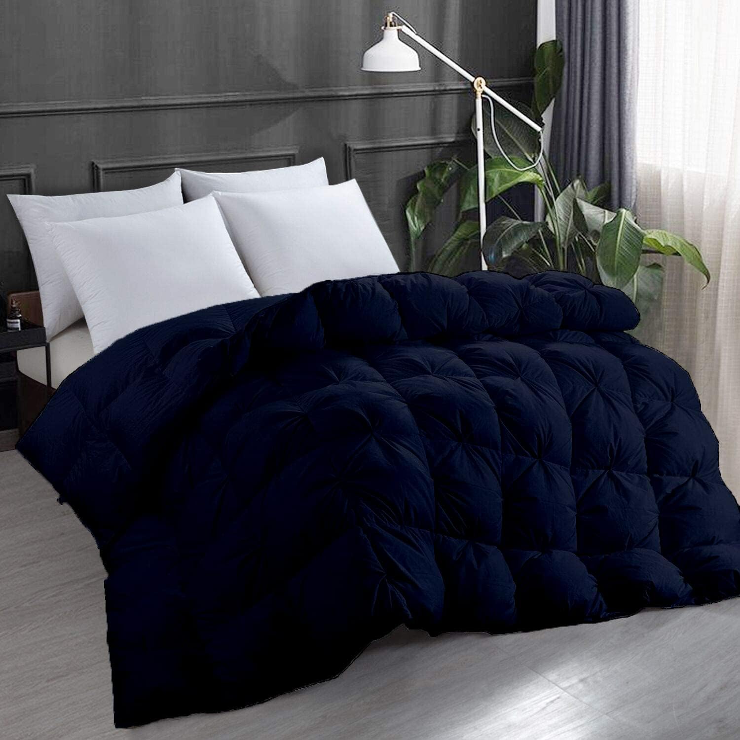 Premium Pintuck Down Alternative Comforter with Corner tabs All Season Bedding 100% Cotton Cover Lightweight,Machine Washable - Duvet Insert-Alaskan King (136"x 120") Navy Blue