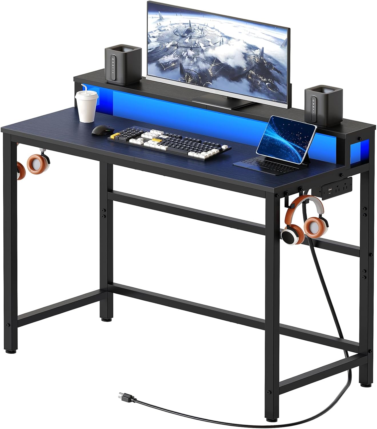 Yatiney Small Gaming Desk with Charging Station, LED Lights, Monitor Stand & 4 Hooks - 2-Tier Compact Home Office Computer Desk, Black