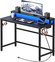 Yatiney Small Gaming Desk with Charging Station, LED Lights, Monitor Stand & 4 Hooks - 2-Tier Compact Home Office Computer Desk, Black