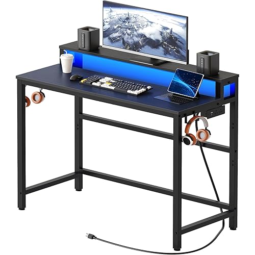 Computer Desk with Charging Station and LED Lights, Gaming Desk with Monitor Stand, 2-Tier Home Office Desk with 4 Side Hooks, for Living Room, Home Office, Black DN01UDBBY2