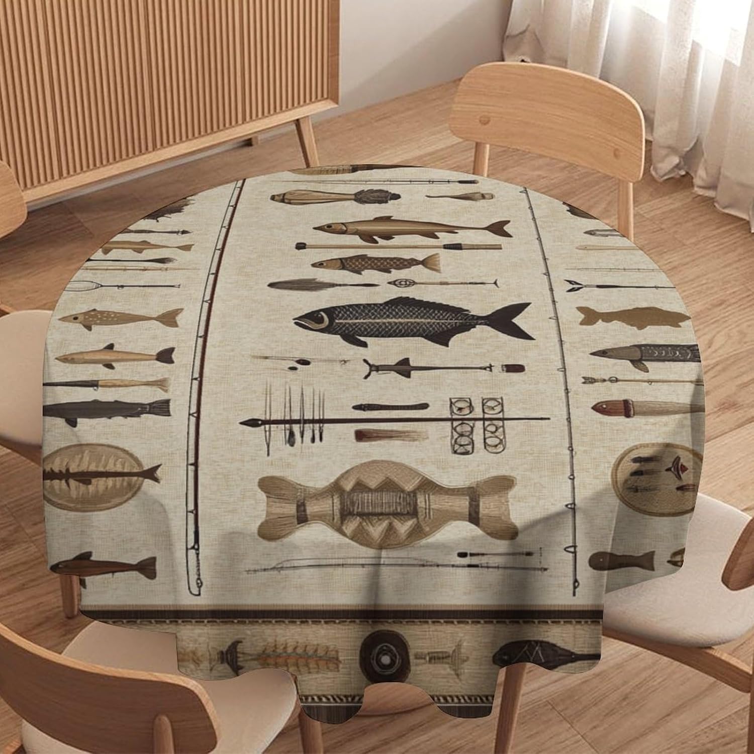 Patchwork Hunting Fishing Table Cloth for Dining Table Vintage Brown Indian Feather Round Tablecloth for Kitchen Home Decor Holiday Party, 70 Inch