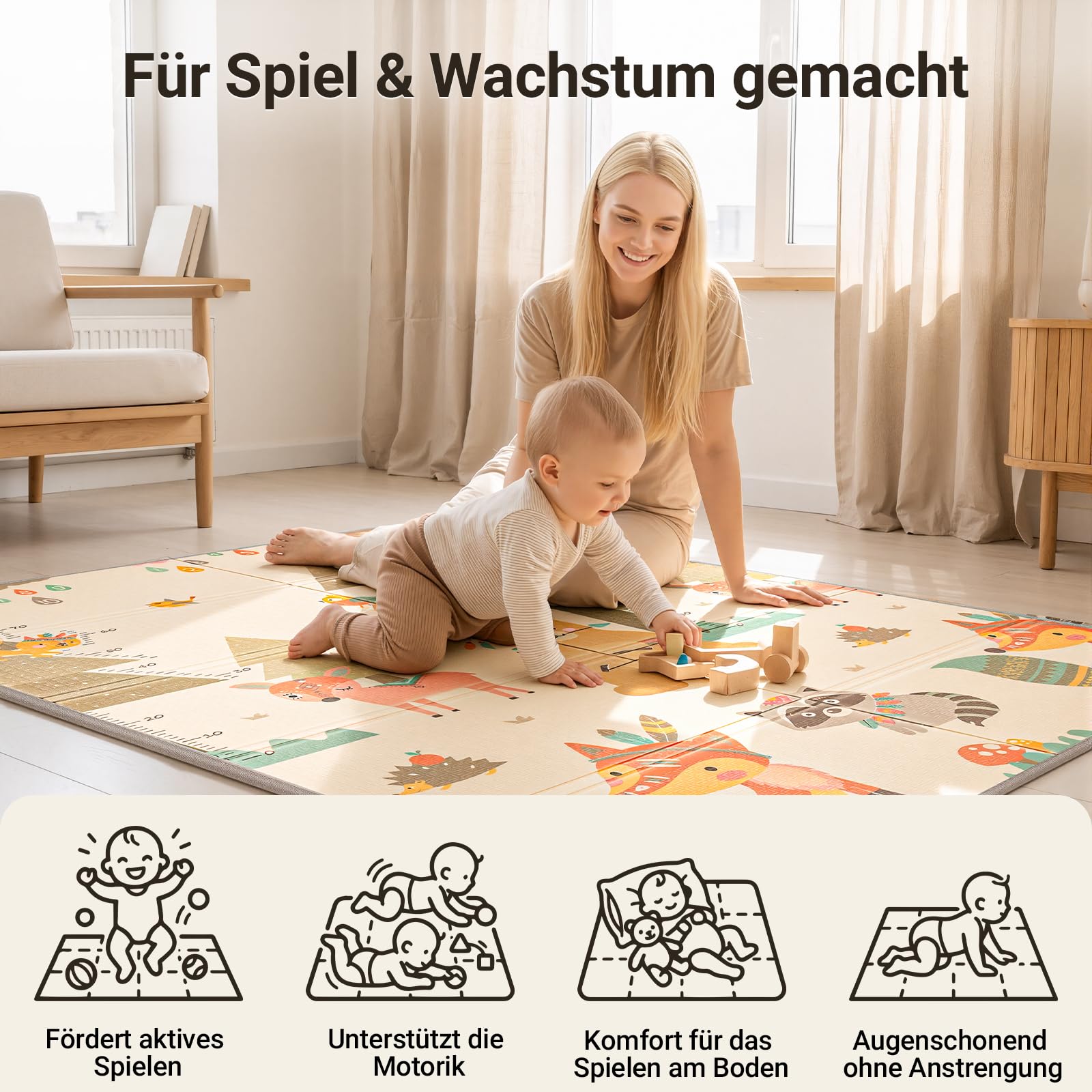 COSYLAND Krabbelmatte Baby Faltbar 120x180x1cm - Doppelseitige XPE Spielmatte Baby mit Schlafenden Tieren & Fuchs Bär Motiven, Weiche Babymatte Spielteppich für Kinder, Babygeschenk