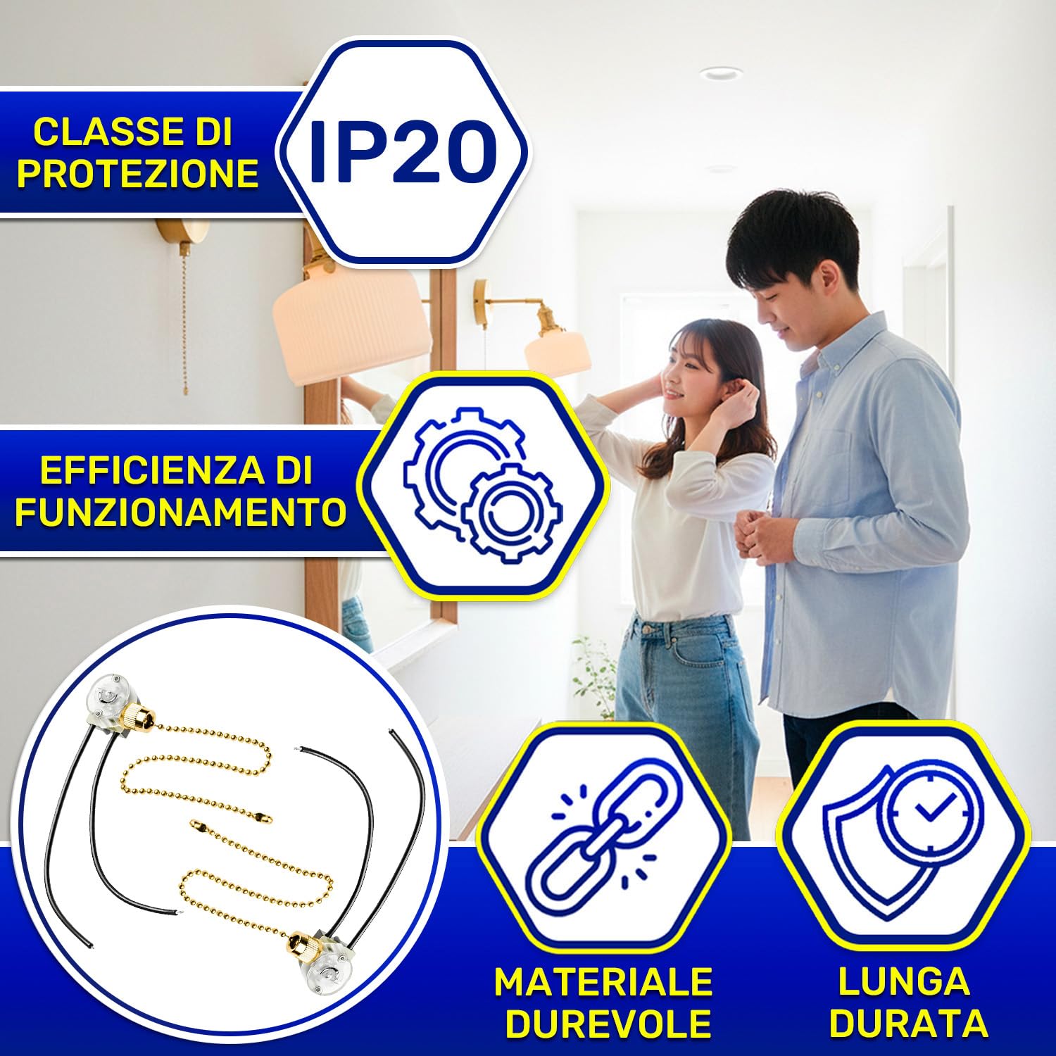 2 Pezzi Interruttore a Corda per Luce con Catena da 300 mm 750W 220-240V - Garanzia di 10 Anni - MONTERAL