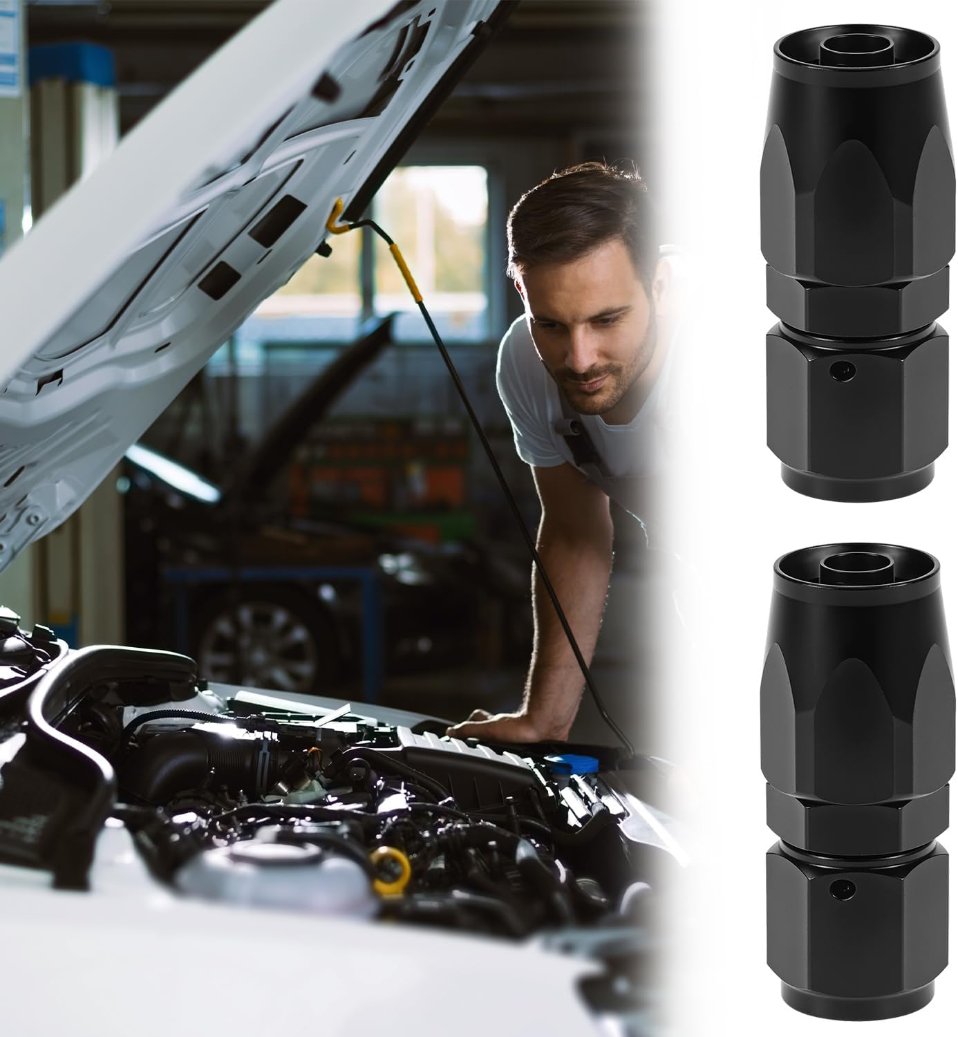 QWORK 6AN Straight Swivel Hose End Fitting 4 Pack, 9/16-18 UNF 37° Flare, 6061‑T6 Aluminum, Black, for Stainless Steel & Nylon Braided Hose
