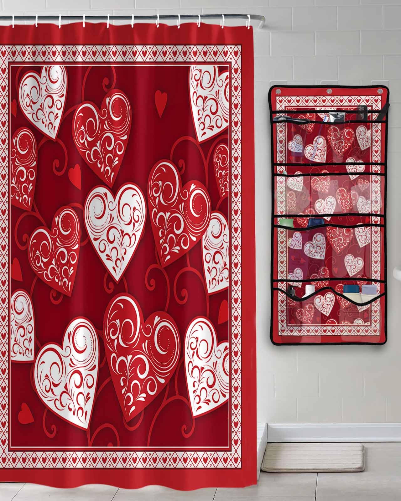 Shower Curtain Mesh Shower Organizer Hanging Set Valentines Day Red Floral Heart Waterproof Shower Curtains with 10 Pockets