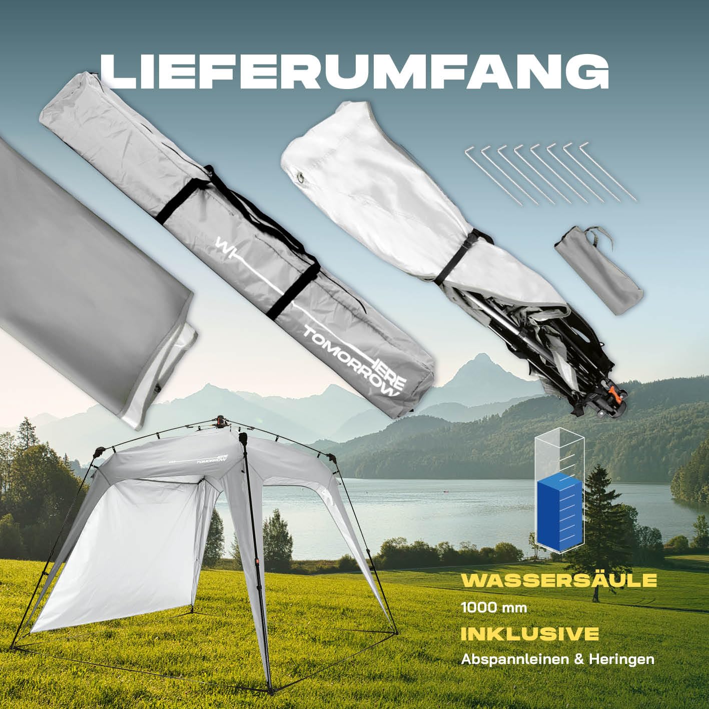 Lumaland Outdoor Pavillon 2,5 x 2,5m | Wasserdicht & UV-Schutz | Gartenzelt inkl. 1x Seitenteil & Tasche & Heringe | Robuster Camping & Partyzelt | Pop Up Zelt Aufbau in 2 Minuten [Hell-Grau]