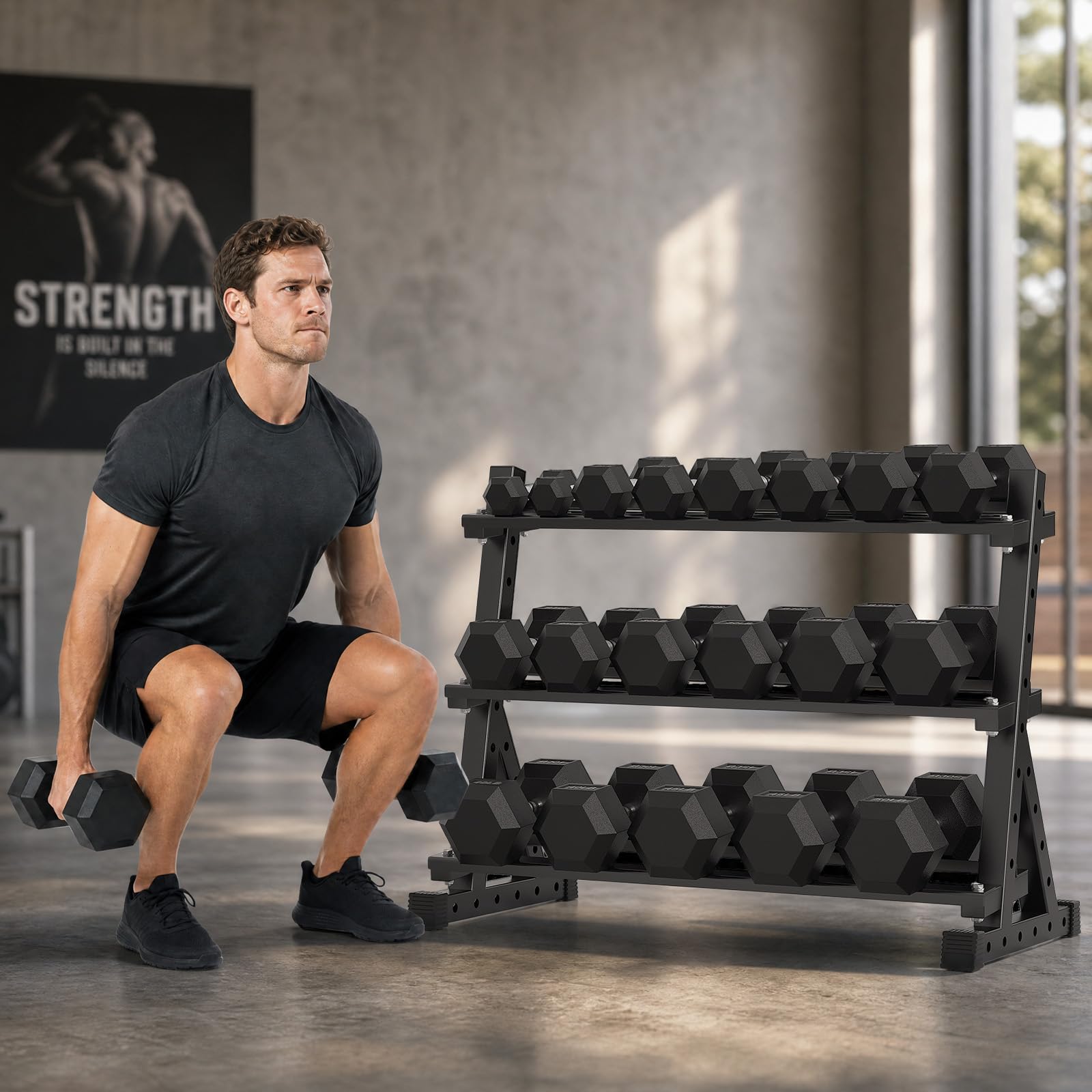 Rubber Coated Hex Dumbbell Set with Rack, 300-840 lb | Fixed Weights Sets with Heavy Duty Storage Stand, Multiple Weight Options Home Gym Equipment for Strength Training