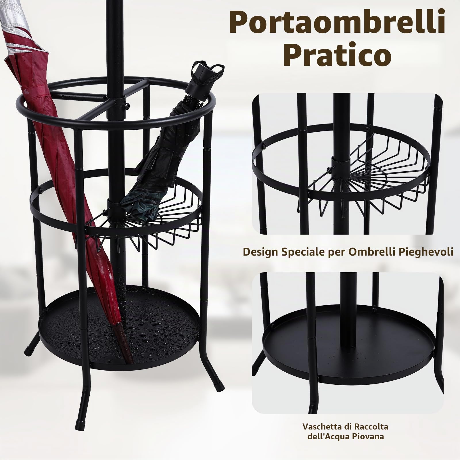 Appendiabiti in metallo con portaombrelli 12 ganci per corridoio, 182 cm, autoportante, appendiabiti per vestiti, cappelli, borse, utilizzato in ingresso, soggiorno, camera da letto, ufficio
