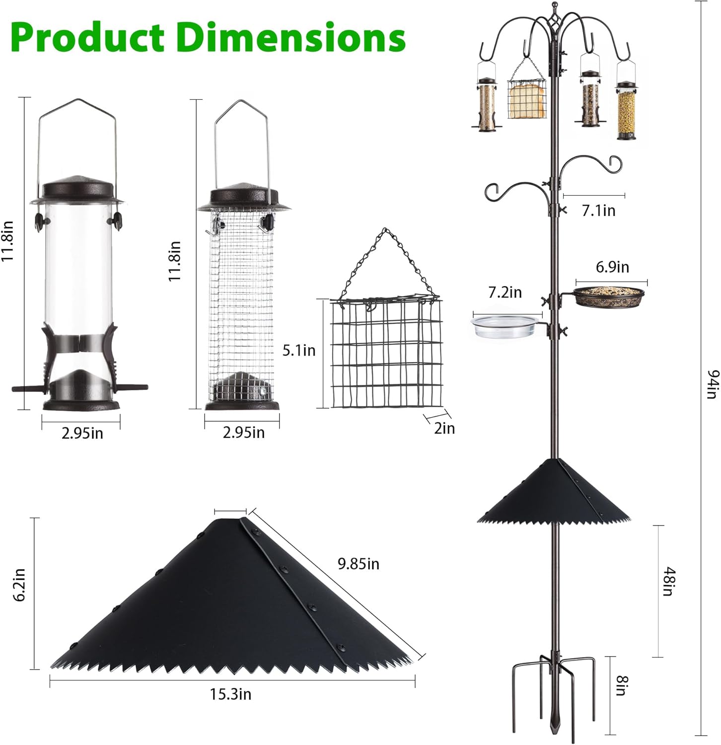Bird Feeding Station Kit, 94 Inch Adjustable Birds Feeder Stand Pole with 6-Hook, Bird Bath and Mesh Tray, Curved Squirrel Baffle, Freestanding 5-Prong Base