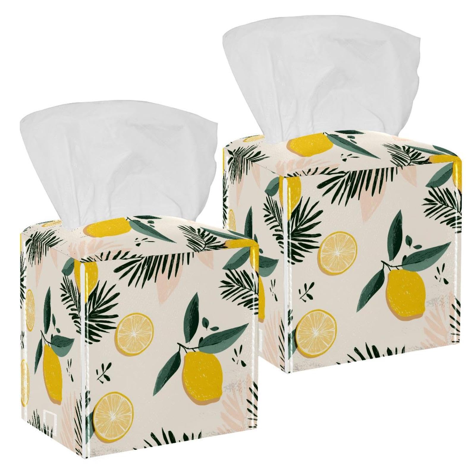 Lemons Tissue Box Cover, 2 Pack PU Leather Square Facial Tissue Dispenser Box holder for Home Office Car