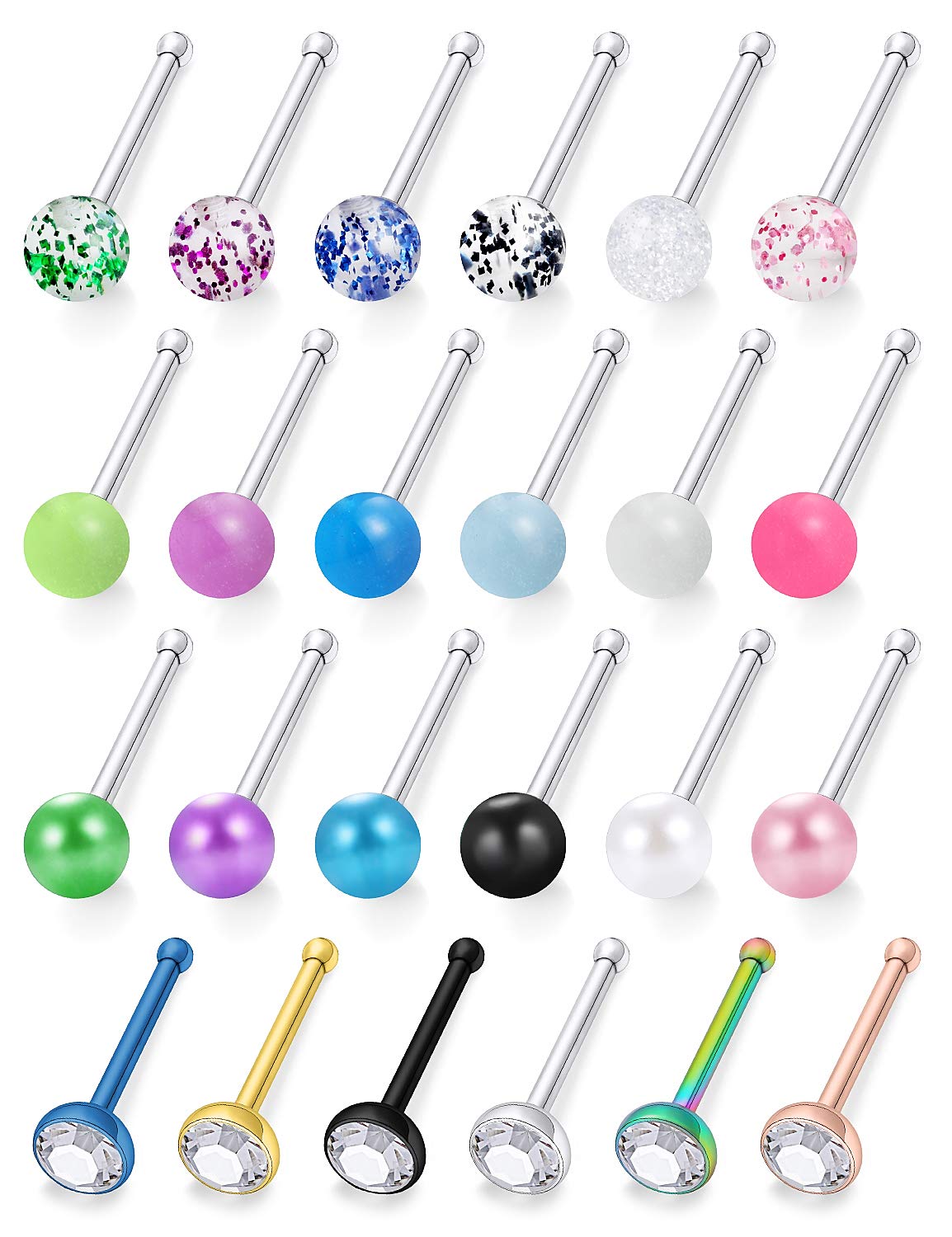 Lcolyoli24Pcs 20G Externally Threaded Glow in The Dark Nose Studs Rings Surgical Steel Nostril Pin Body Piercing Jewelry for Women Men 3mm Top