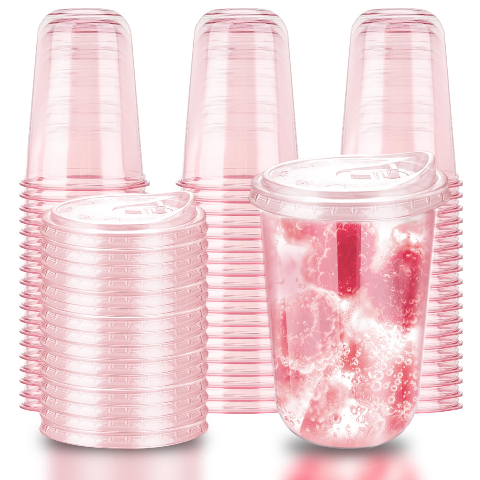 Photo 1 of *Box damaged* Xuelimei 16oz Disposable Stemless Glasses With Strawless Sip Lids,PET Disposable Drinking Cups,Clear Plastic Wine Glasses for Parties Birthday,Wedding,Meeting,Christmas Party Supplies (50, Pink)