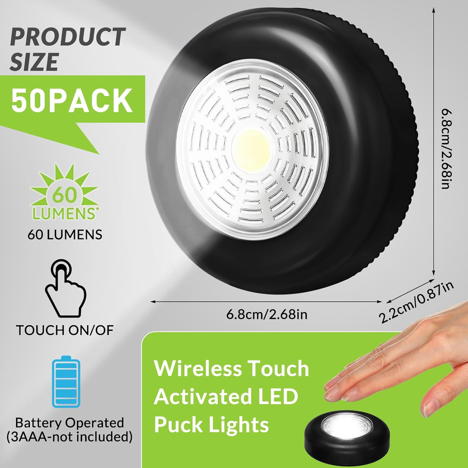 Macarrie 50 Pcs Push Tap Light 2.68" Mini Night Touch LED Puck Lamp Wireless Portable Under Cabinet 60 Lumens Battery Operated Stick on Lights for Counter Wall Closet Kitchen (Black)