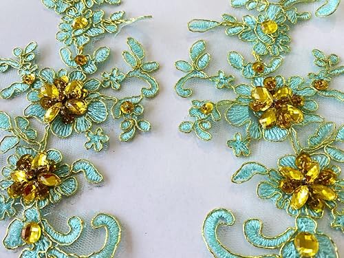 Miniatura 19 de Zbroh Parches de tela de encaje fino bordados con diamantes de imitación bordados, decoración de vestido para coser en lentejuelas cuentas, Azul