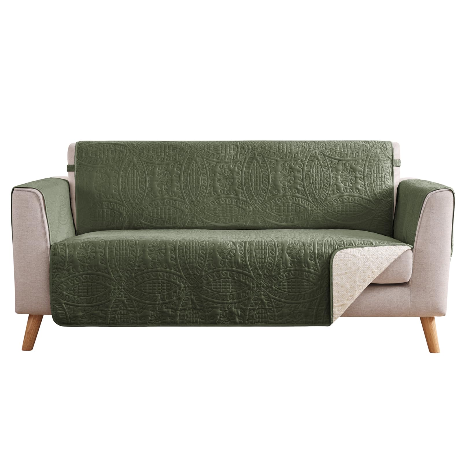 Olive Green Loveseat Covers for 2 Cushion Couch, Water-Repellent Slip Covers for Sofa, Washable Love Seat Quilted Couch Cover, Pet Friendly Loveseat Slipcovers (Loveseat 48", Olive Green)