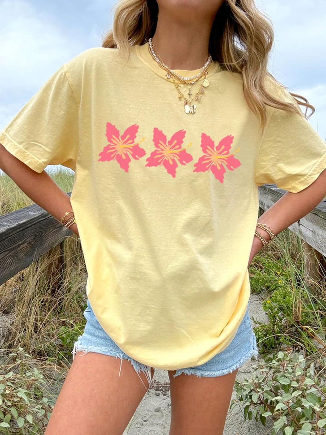 Oversized Graphic Shirt for Teens Girl Y2K Ocean Floral Short Sleeve Baggy Tee Shirts Vintage Aesthetic Coastal Tops