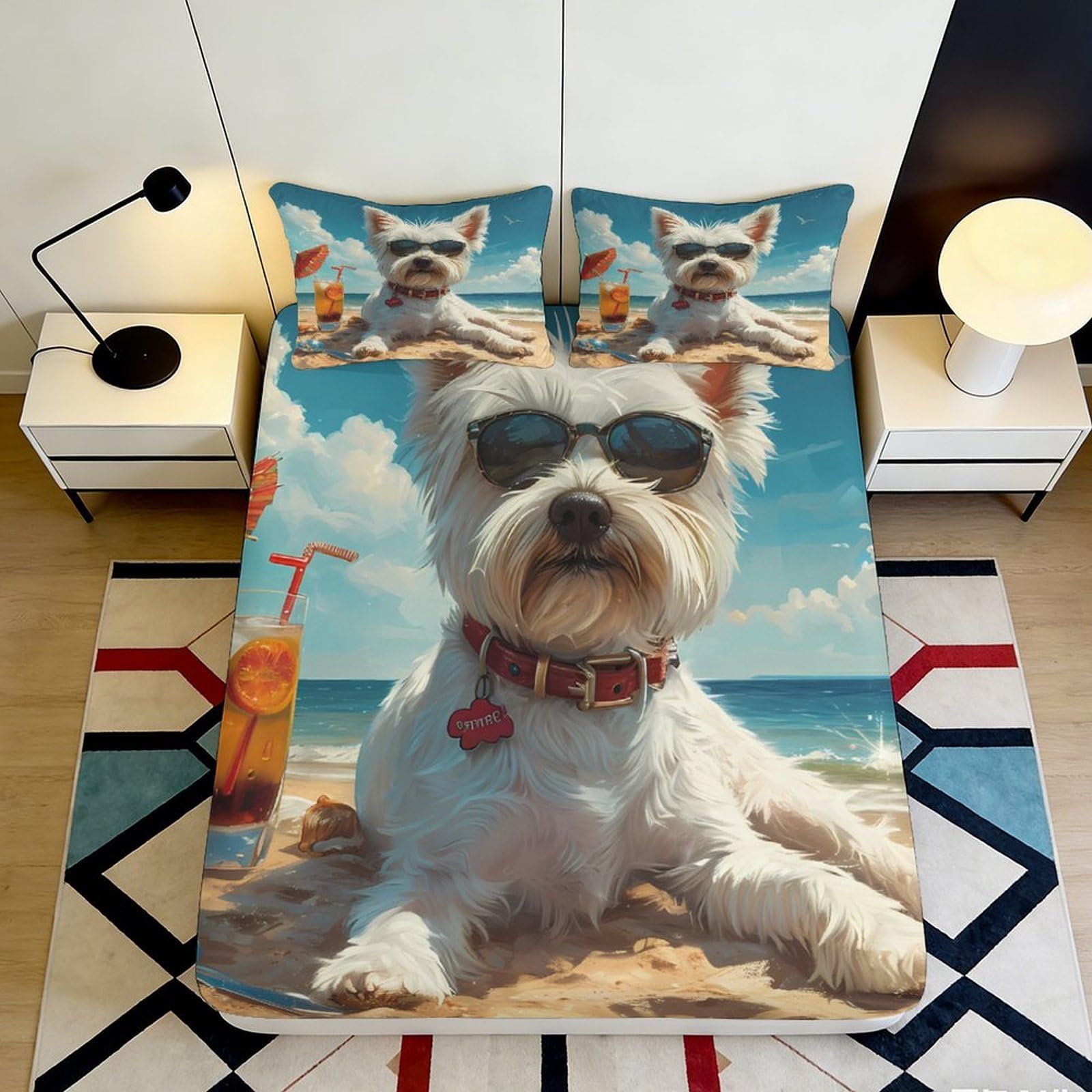 3D Printed Beach Dog Fitted Sheet Microfiber Non-Slip Deep Pocket Beach Dog Mattress Fitted Cover for Bedroom 90x200x25cm